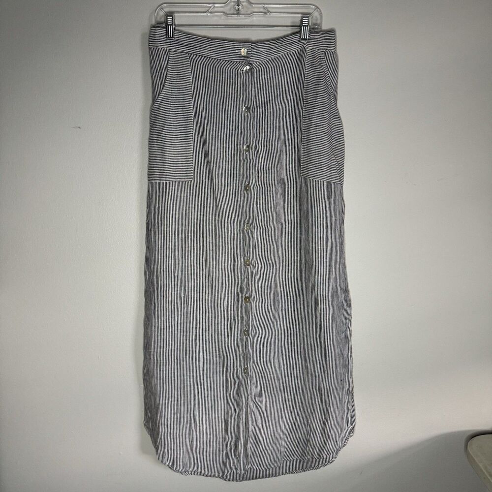 St Tropez West 100% Linen Button Up Front Long Skirt Striped Womens Large